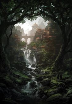 a painting of a waterfall in the middle of a forest filled with rocks and trees