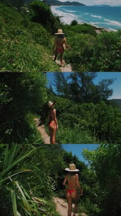 two women in bikinis walking down a path near the ocean and mountains, one wearing a straw hat