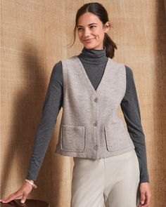 A something-special vest, featuring a classic silhouette in lightweight boiled wool for unexpected texture and terrific warmth. An easy layer over a thinner shirt, tee, or turtleneck. By EILEEN FISHER. V-neckline when buttoned. Button front. Patch pockets. Wardrobe Accessories, Garnet Hill, Wool Vest, Boiled Wool, Classic Silhouette, Eileen Fisher, Garnet, Layering, Personal Style