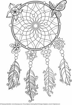 a black and white drawing of a dream catcher with flowers, leaves and butterflies on it