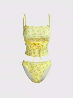 Jersey Floral Tankini Yellow Two Piece Swimsuit, Swimsuit For 13 Yo, Yellow Swimsuit Aesthetic, Shojo Swimsuit, Cute 1 Piece Swimming Suits, Cute Swimming Suits For Teenagers, Cute Tankini Bathing Suits, Modest Swimwear Christian, Summer Bathing Suits Bikinis