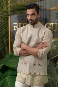 Buy Runit Gupta Grey Cotton Linen Embroidered Bundi Online | Aza Fashions Runit Gupta, Streetwear Jeans Men, Indian Wedding Suits Men, Plain Kurta, Beige Kurta, Indian Wedding Clothes For Men, Wedding Kurta For Men, Wedding Outfits For Groom, Wedding Dresses Men Indian