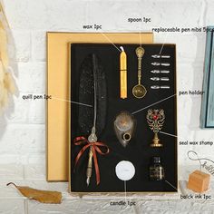 an assortment of items are displayed in a shadow box