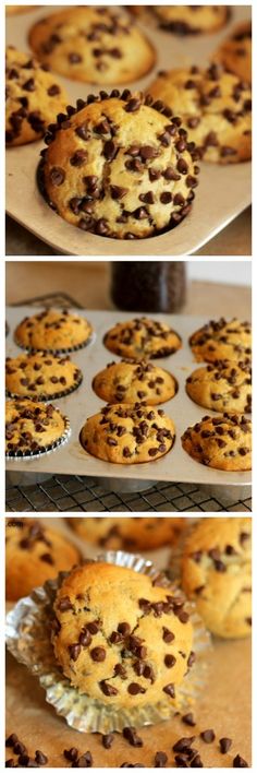 chocolate chip muffins cooling in the oven before and after being baked with them