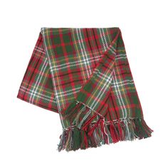 a red and green plaid scarf with fringes on the ends is laying flat against a white background