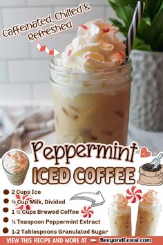 an advertisement for peppermint iced coffee with whipped cream and candy canes on top