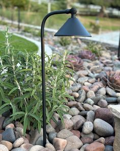 a lamp is sitting on top of some rocks in the grass next to a plant