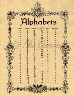 an old book with the word alphabets written in black ink on parchment paper and surrounded by ornamental designs