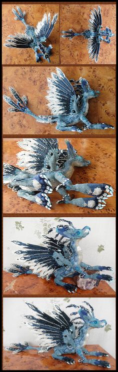 four different images of blue and white dragon figurines on wooden table with text overlay