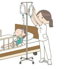 a woman standing next to a child in a hospital bed with an iv drip attached