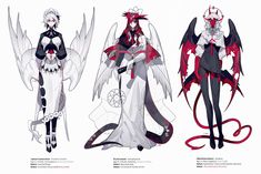 three different types of anime characters in white and black outfits, one with red wings