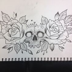 a drawing of a skull with roses on it