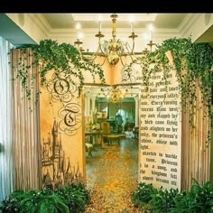 an open door with ivy growing on the walls and in between it is a chandelier