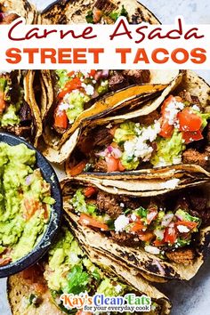 a plate filled with tacos and guacamole next to a bowl of salsa