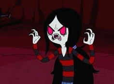 a cartoon character with red eyes and black hair holding her hands up in the air