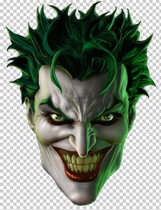 the joker mask with green hair and fangs on it's face, is shown