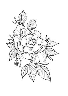 a black and white drawing of flowers with leaves on the bottom, in an outline style