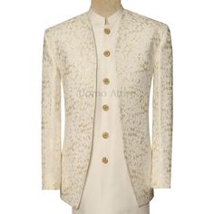 Elevate your special occasion attire with this exquisite Off-White Prince Coat paired with a traditional Shalwar Kameez. This designer ensemble exudes sophistication and elegance, making it a perfect choice for weddings, groomsmen, red carpet events, and more. Premium Craftsmanship The Off-White Prince Coat is meticulously crafted from premium quality fabric, ensuring both comfort and style. The coat features an open front design, adding a touch of modern flair to the traditional silhouette. Int Elegant Sherwani With Dupatta For Reception, Elegant Traditional Wear With Dabka For Reception, Elegant Unstitched Wedding Suit With Dabka, Elegant Unstitched Dabka Suit For Wedding, Elegant Wedding Unstitched Suit With Dabka, Elegant Dabka Unstitched Wedding Suit, Elegant Unstitched Suit With Traditional Drape For Wedding, Elegant Unstitched Suit With Traditional Drape For Reception, Elegant Unstitched Suit For Wedding And Diwali