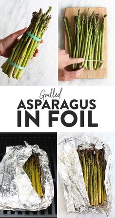 grilled asparagus in foil on a cutting board with text overlay that reads grilled asparagus in foil