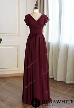 Modest chiffon bridesmaid formal dress featuring a slight V criss cross pleated bodice with floating cap sleeves and full back with zipper and a slightly gathered skirt. Color: custom Fabric: chiffon Silhouette: a line Length: floor length Cap Sleeve Back Style: zipper Fully lined Built-in bra Burgundy Evening Dress, Simple Frock Design, Formal Dresses With Sleeves, Modest Bridesmaid Dresses, Burgundy Bridesmaid Dresses, Dress With Short Sleeves, Pretty Prom Dresses, Formal Dresses For Weddings, Aline Dress