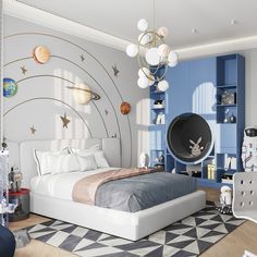 a bedroom with a large bed and space themed decor