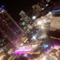 an aerial view of a city at night