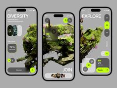 three cell phones with different images on them, one showing an image of plants and the other