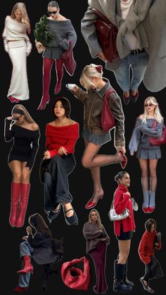 a collage of people dressed in different styles and colors, all wearing red boots