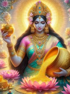 the hindu goddess is holding a pot with water in it and surrounded by lotuses