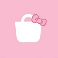 a pink hello kitty wallpaper with a white basket and bow on the handle,