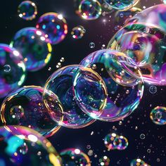 soap bubbles floating in the air on a black background