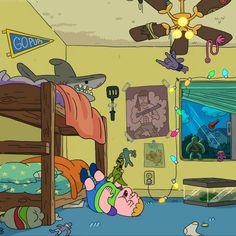 a cartoon bedroom with three beds and two children's toys