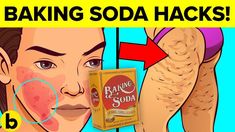 a woman with acne on her face next to a box of baking soda hacks