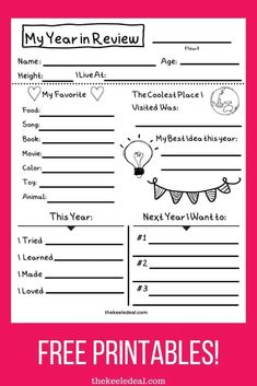 the printable worksheet for my year in review is shown on a pink background