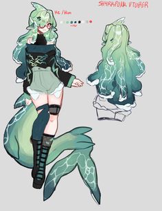 an anime character is sitting on top of a mermaid with long green hair and black boots