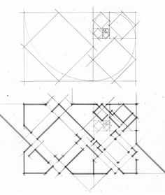 two drawings of the same building, one with an open floor plan and another with a square