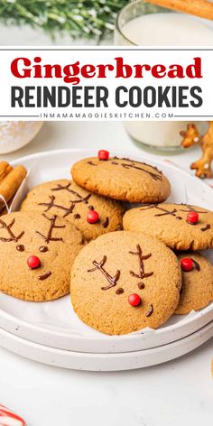 Create magic with Gingerbread Reindeer Cookies! Made with ground ginger, cinnamon, cloves, brown sugar, honey, and topped with dark chocolate and red candies. This Mexican food recipe is a fun Thanksgiving dessert idea. Bake them today and spread joy! Reindeer Gingerbread Cookies, Red Candies, Gingerbread Reindeer, Mexican Desserts, Fun Thanksgiving Desserts, Delicious Chicken Breast Recipes, Reindeer Cookies, Thanksgiving Desserts Easy