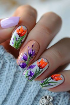 Almond Nail Ideas Summer, Tulip Nail Art, Painted Fingernails, Tulip Nails, Simple Spring Nails, Heart Nail Designs, Spring Nail Trends, Nail Designs Tutorial