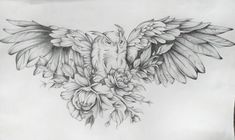 a drawing of an eagle with wings and flowers