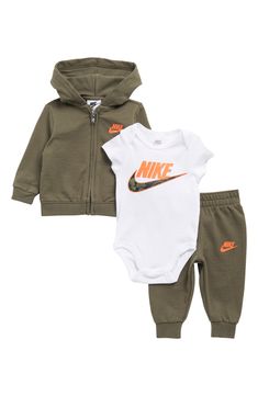 Watch your babe crawl around in this little athletic set featuring a logo-adorned bodysuit, hoodie and coordinating joggers. Includes hoodie, bodysuit and joggers Bodysuit is 100% cotton; hoodie and joggers are 60% cotton, 40% polyester Machine wash, tumble dry Imported Baby Boy Stuff Newborn, Baby Clothes Black Babies, 0 3 Months Baby Clothes Boy, Baby Boy Style Newborn, Baby Boy Fits, Newborn Outfits Boy, Cute Baby Clothes For Boys, Infant Boy Fashion