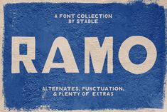 a blue and white poster with the word ramo written in large letters on it