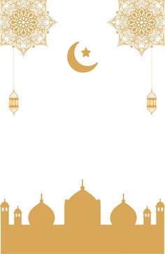 an islamic greeting card with the moon and mosques in gold, on a white background