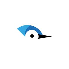 a blue bird's head with an eyeball in the center, on a white background