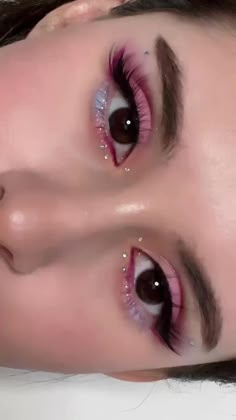 Y2k Makeup Rhinestones, Pink Party Eyeshadow, Valentines Day Makeup Simple Pink, Pink Valentines Makeup, Chunky Glitter Eye Makeup, Valentine’s Day Make Up, Valentine’s Day Make Up Looks, Valentines Eye Makeup