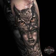 a woman with an owl tattoo on her arm