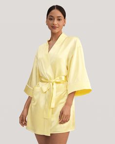 Perfect for slipping into after bath time or cozying up with a cup of tea and a good book, the Golden Cocoon silk satin kimono robe is the wardrobe essential you never knew you needed. Crafted from the finest quality LILYÁUREA® silk, the radiant golden color of this kimono robe is a naturally occurring gift from mother nature. White inlaid details add a little something extra, while functional pockets and a relaxed fit beckon you to wear and unwind. Women Silk Robe, Cocoon Silk, Silk Loungewear, Silk Comforter, Silk Pajamas Women, Silk Nightwear, Silk Kimono Robe, Satin Kimono, After Bath