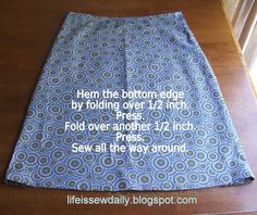 a blue and white cloth with words on it that says, hem the bottom edge by folding over 12 inches fold over another 1 / 2 / 4 inch