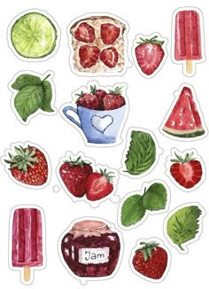 watercolor stickers with fruit and ice cream on them, all in different shapes