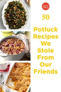 the cover of 50 potluck recipes we stole from our friends, with pictures of different dishes