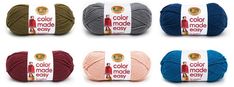 six skeins of color made easy yarn in various colors and sizes, each with a